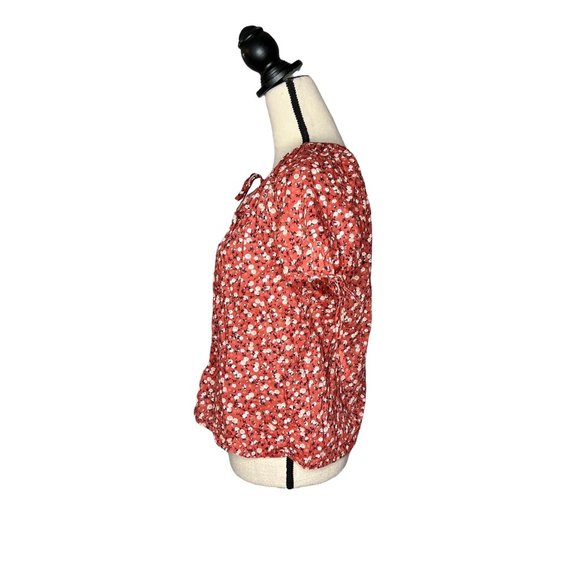 Universal Thread Red Floral Print Tie Neck Short Sleeve Top Women's Size Small S - Picture 4 of 7
